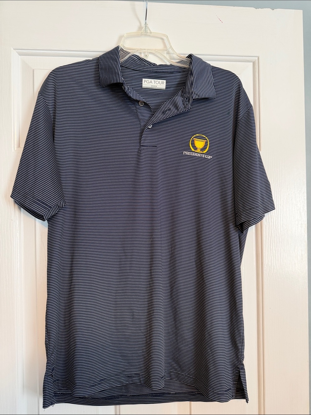 PGA Tour Presidents Cup Navy Micro-Stripe Polo with Yellow Crest